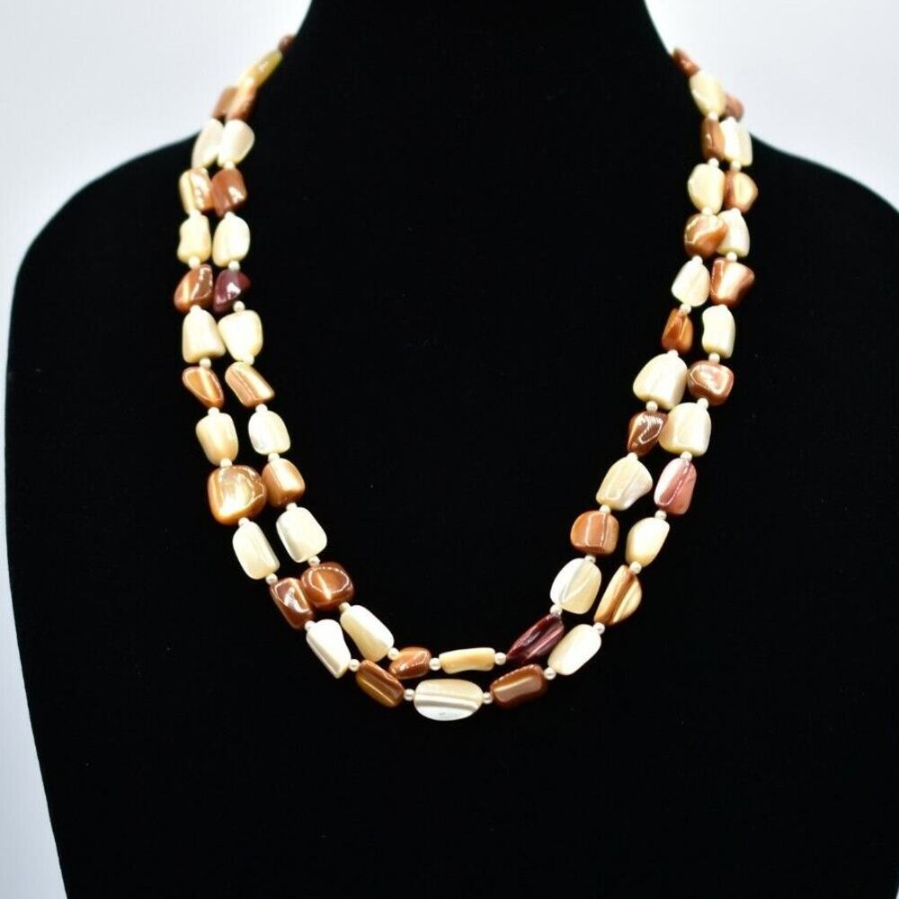 Vintage Necklace Long Stone Beaded Neutral Beige Brown White 48" Boho 1990s Bin4